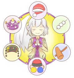 Rule 34 | character hat, chart, closed eyes, food, hammer, hat, highres, kishin sagume, legacy of lunatic kingdom, mochi, own hands clasped, own hands together, peroponesosu., single wing, solo, touhou, upper body, wagashi, white background, wings