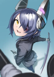 Rule 34 | 1girl, absurdres, black gloves, black shirt, blue hair, eyepatch, from above, gloves, gradient background, highres, holding, holding weapon, kantai collection, looking at viewer, looking back, miniskirt, sannsogyoraikai, shirt, skirt, smile, solo, standing, tenryuu (kancolle), weapon, yellow eyes