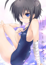 Rule 34 | ..., 10s, 1girl, ahoge, ass, bandages, bare shoulders, barefoot, black hair, blue eyes, breasts, chuunibyou demo koi ga shitai!, eyepatch, female focus, one-piece swimsuit, school swimsuit, short hair, sitting, small breasts, solo, sora to umi, swimsuit, takanashi rikka, text focus, translated