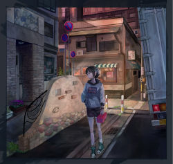 Rule 34 | 1girl, awning, black hair, black shorts, building, cabbage kizamiyarou, day, flower, grate, highres, motor vehicle, original, road sign, sewer grate, shoes, short hair, shorts, sign, sneakers, solo, standing, toolbox, truck, watch, wristwatch