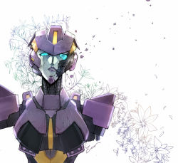 Rule 34 | 1girl, autobot, blue eyes, commentary, damaged, english commentary, flower, looking up, mecha, missing limb, nautica (transformers), purple lips, robot, sad, solo, the transformers (idw), transformers, white background, zoner