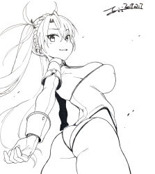 Rule 34 | 1girl, ass, bradamante (fate), bradamante (first ascension) (fate), braid, breasts, covered erect nipples, cowboy shot, cropped, crown braid, detached sleeves, fate/grand order, fate (series), foreshortening, gloves, greyscale, hair between eyes, highres, large breasts, leotard, long hair, looking at viewer, monochrome, parted lips, skindentation, smile, solo, third-party edit, try (lsc), twintails