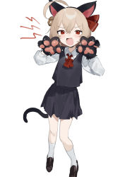 Rule 34 | 1girl, absurdres, ahoge, animal ears, animal hands, bell, black footwear, black gloves, black hairband, black skirt, black vest, bow, cat ears, cat tail, collared shirt, commentary request, fake animal ears, fang, gloves, hair bell, hair between eyes, hair bow, hair ornament, hairband, hands up, highres, jingle bell, light brown hair, loafers, long sleeves, looking at viewer, open mouth, paw gloves, pleated skirt, puffy long sleeves, puffy sleeves, red bow, red eyes, rumia, sh (shinh), shirt, shoes, simple background, skirt, skirt set, socks, solo, tail, touhou, vest, white background, white shirt, white socks