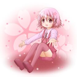 Rule 34 | 1girl, blush, dot nose, flower, hair ornament, hidamari sketch, long sleeve shirt, long sleeves, open mouth, outstretched arms, pink eyes, pink hair, school uniform, shoes, sitting, solo, thighhighs, x hair ornament, yamabuki high school uniform, yuno (hidamari sketch), yunyan s
