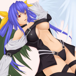 Rule 34 | 1girl, akitsuki karasu, arc system works, asymmetrical wings, blue hair, bow, breasts, choker, cleavage, dizzy (guilty gear), guilty gear, hair bow, large breasts, midriff, red eyes, solo, tail, thighhighs, underboob, wings