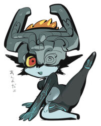 Rule 34 | 1girl, arm tattoo, ass, black skin, blue skin, collarbone, colored sclera, colored skin, female focus, full body, gluteal fold, helmet, japanese text, leg up, looking at viewer, midna, multicolored skin, navel, nintendo, one eye covered, orange hair, pointy ears, red eyes, simple background, sitting, solo, tattoo, the legend of zelda, the legend of zelda: twilight princess, tirarizun, two-tone skin, white background, yellow sclera