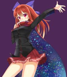 Rule 34 | 1girl, alternate hair length, alternate hairstyle, ashu, bow, breasts, cape, female focus, hair bow, long hair, outstretched arm, pink eyes, purple background, red hair, red skirt, sekibanki, simple background, skirt, solo, starry sky print, touhou