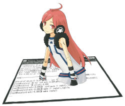 Rule 34 | 1girl, ahoge, android, belt, blush, breasts, dress, female focus, gloves, headphones, joints, long hair, red eyes, red hair, robot joints, rukah, sf-a2 miki, small breasts, smile, solo, star (symbol), striped clothes, striped gloves, terminal, through medium, through screen, very long hair, vocaloid, white background, window (computing), wrist cuffs