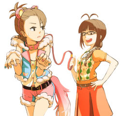 Rule 34 | 2girls, akizuki ritsuko, animal ears, antenna hair, bare shoulders, belt, belt collar, black-framed eyewear, black belt, black eyes, blue nails, blue vest, blunt bangs, braid, braided ponytail, brown hair, claw pose, collar, commentary request, cowboy shot, dog tail, fake animal ears, fake tail, frown, fur-trimmed shorts, fur trim, futami ami, glasses, hand on own hip, hand up, hands up, highres, holding, holding leash, idolmaster, idolmaster (classic), jitome, leash, long hair, looking at another, low ponytail, mappy (minogue), mouse ears, multiple girls, nail polish, open clothes, open mouth, open vest, orange skirt, pink belt, pink nails, pink shorts, short hair, short sleeves, shorts, simple background, skirt, smile, smug, sweatdrop, tail, v-shaped eyebrows, vest, white background, yellow nails