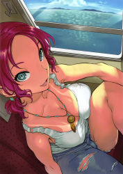 Rule 34 | 1girl, absurdres, amulet, asymmetrical clothes, bikini tan, breast press, breasts, cleavage, dengeki moeou, denim, earrings, forehead, from above, highres, jeans, jewelry, large breasts, leg lift, looking at viewer, nanboku, necklace, no bra, pants, parted bangs, purple hair, scan, shirt, short ponytail, sitting, smile, solo, tan, tank top, tanline, taut clothes, taut shirt, torn clothes, torn jeans, torn pants