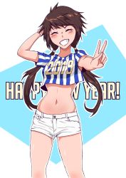 Rule 34 | 1girl, 2019, arm behind head, arm up, blush, brown hair, closed eyes, crop top, english text, grin, hairband, highres, legs, long hair, midriff, navel, new year, original, outstretched arm, print shirt, shirt, short shorts, short sleeves, shorts, simple background, smile, striped clothes, striped shirt, sytokun, teamsummoner, twintails, v, watch, white shorts