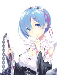 Rule 34 | 10s, 1girl, black bow, blue eyes, blue hair, bow, breasts, chain, cleavage, collar, detached collar, detached sleeves, flail, flower, frilled collar, frilled sleeves, frills, hair flower, hair ornament, hair over one eye, hand on own chin, hands up, holding, holding weapon, large breasts, loup, maid, maid headdress, matching hair/eyes, morning star, puffy sleeves, purple ribbon, re:zero kara hajimeru isekai seikatsu, rem (re:zero), ribbon, short hair, simple background, smile, solo, upper body, weapon, white background, white flower, wide sleeves, x hair ornament
