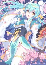 Rule 34 | 1girl, :d, absurdres, blue hair, blush, branch, breasts, cherry blossoms, commentary request, devy, dragon horns, fate/grand order, fate (series), fingernails, floating hair, flower, green kimono, hair between eyes, hand up, highres, horns, japanese clothes, kimono, kiyohime (fate), long hair, long sleeves, medium breasts, obi, open mouth, petals, pink flower, sash, smile, solo, thighhighs, twitter username, very long hair, white thighhighs, wide sleeves, yellow eyes