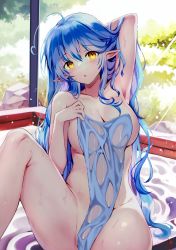 Rule 34 | 1girl, ahoge, arm behind head, arm up, blue hair, breasts, covering privates, elf, hair between eyes, hololive, knee up, large breasts, long hair, looking at viewer, nude cover, parted lips, pointy ears, rei (rei&#039;s room), sitting, solo, very long hair, virtual youtuber, water, yellow eyes, yukihana lamy