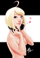 Rule 34 | 1girl, ahoge, ai candy, blonde hair, blue eyes, bob cut, breasts, censored, convenient censoring, eyebrows, facial tattoo, headphones, heart, heart tattoo, large breasts, lips, listening to music, musical note, nose, nude, original, polarityplus, short hair, signature, smile, solo, swept bangs, tattoo, wireless