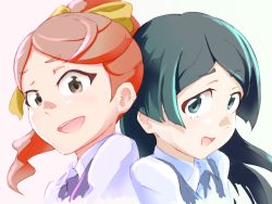 Rule 34 | 10s, 2girls, back-to-back, barbara parker, black eyes, black hair, bow, brown eyes, hair bow, hannah england, high ponytail, little witch academia, long hair, looking at viewer, looking to the side, multiple girls, open mouth, portrait, red hair, school uniform, simple background, sketch, smile, tei-o