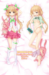 Rule 34 | 10s, 1girl, asymmetrical clothes, bad id, bad pixiv id, barefoot, blonde hair, blush, breasts, brown eyes, clothes writing, dakimakura (medium), female focus, frills, futaba anzu, hat, idolmaster, idolmaster cinderella girls, long hair, looking at viewer, lying, multiple views, nipples, on back, panties, panty pull, partially undressed, pussy, shirt, shorts, silveroid, small breasts, smile, striped clothes, striped shorts, stuffed animal, stuffed rabbit, stuffed toy, t-shirt, thighhighs, twintails, uncensored, underwear, very long hair