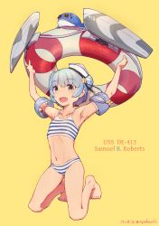 Rule 34 | 1girl, armpits, arms up, bikini, blush, breasts, character name, collarbone, commentary, dixie cup hat, double bun, fang, flat chest, full body, hair between eyes, hair bun, hat, highres, holding, holding swim ring, inflatable armbands, innertube, kantai collection, kneeling, little blue whale (kancolle), looking at viewer, military hat, nakaaki masashi, navel, navy cross, open mouth, samuel b. roberts (kancolle), small breasts, smile, striped bikini, striped clothes, sunglasses, swim ring, swimsuit, whale, yellow background