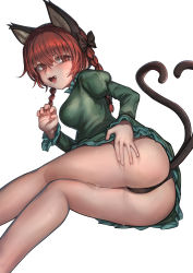 Rule 34 | 1girl, animal ears, artist request, ass, ass grab, blush, bow, braid, breasts, cat ears, cat tail, come hither, deep skin, dress, fang, hair bow, highres, kaenbyou rin, long hair, looking at viewer, medium breasts, multiple tails, open mouth, red eyes, red hair, shiny skin, sideboob, sitting, smile, solo, tail, thong, touhou, twin braids, upskirt, yokozuwari