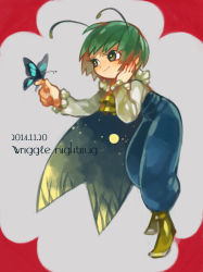 Rule 34 | 1girl, antennae, ascot, bad id, bad pixiv id, bug, butterfly, cape, character name, green eyes, green hair, hand on own face, highres, bug, matching hair/eyes, moon, smile, solo, touhou, usudaidai, wriggle nightbug, yai (hachihito)