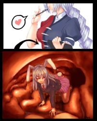 Rule 34 | 2girls, animal ears, blush, braid, rabbit ears, rabbit tail, clipboard, heart, highres, inside creature, long hair, multiple girls, pen, red eyes, reisen udongein inaba, silver hair, stomach, tail, touhou, trapped, utopia, very long hair, vore, wet, wet clothes, yagokoro eirin