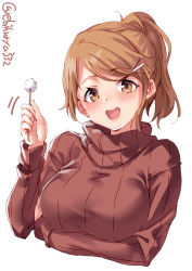 Rule 34 | 1girl, alternate costume, aquila (kancolle), blush, breasts, brown eyes, cropped torso, ear cleaning, ebifurya, high ponytail, highres, kantai collection, large breasts, lips, long hair, mimikaki, open mouth, orange hair, red sweater, simple background, smile, solo, sweater, swept bangs, turtleneck, turtleneck sweater, twitter username, upper body, wavy hair, white background