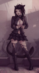 Rule 34 | 1girl, animal ears, warrior of light (ff14), black footwear, black hair, black skirt, black thighhighs, blue eyes, boots, braid, breasts, cat ears, cat tail, cleavage, commentary, commission, ear piercing, earrings, english commentary, facial mark, final fantasy, final fantasy xiv, full body, heterochromia, high heel boots, high heels, jacket, jewelry, large areolae, large breasts, lips, long hair, looking at viewer, medium breasts, miqo&#039;te, nipples, no bra, open clothes, open jacket, piercing, pink eyes, ring, skirt, slit pupils, solo, soranamae, standing, tail, tattoo, thighhighs, torn clothes, torn thighhighs, twin braids, undressing, whisker markings