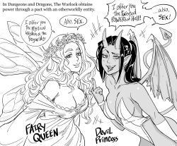 Rule 34 | 2girls, bad id, bare shoulders, bb (baalbuddy), breasts, cleavage, commentary, dark-skinned female, dark skin, demon girl, demon tail, demon wings, dress, dungeons &amp; dragons, english commentary, english text, fairy, fairy wings, fingernails, greyscale, head wreath, heart, highres, horns, inactive account, large breasts, leaning forward, leotard, long hair, looking at viewer, middle finger, monochrome, multiple girls, off-shoulder dress, off shoulder, original, parted lips, pointy ears, ponytail, simple background, skin-covered horns, smile, spoken heart, tail, tongue, tongue out, white background, wings, wristband