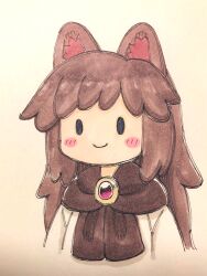 Rule 34 | 1girl, animal ear fluff, animal ears, blush stickers, brooch, brown hair, commentary request, cropped torso, dress, highres, imaizumi kagerou, jewelry, poronegi, simple background, smile, solid oval eyes, solo, touhou, upper body, white background, white dress, wolf ears