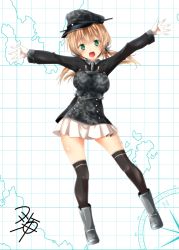 Rule 34 | 10s, 1girl, :d, anchor, anchor hair ornament, brown hair, compass, gloves, green eyes, hair ornament, hat, kantai collection, long hair, looking at viewer, map, open mouth, peaked cap, pleated skirt, prinz eugen (kancolle), remodel (kantai collection), signature, skirt, smile, solo, thighhighs, twintails, white gloves, yua (checkmate), zettai ryouiki