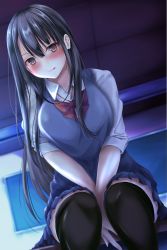 Rule 34 | 1girl, :p, arms between legs, black hair, black thighhighs, blue cardigan, blue skirt, blush, breasts, brown eyes, cardigan, cardigan vest, ceiling, chalkboard, classroom, collared shirt, desk, feet out of frame, funky45, highres, large breasts, long hair, looking at viewer, night, on desk, original, pleated skirt, school uniform, shirt, sidelocks, sitting, on desk, skirt, sleeves rolled up, smile, thighhighs, tongue, tongue out, white shirt, zettai ryouiki