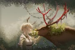 Rule 34 | 1girl, animal, antlers, arknights, autumn, breasts, bush, chinese commentary, closed eyes, collared shirt, commentary request, firewatch (arknights), flower, hair ribbon, hand on another&#039;s cheek, hand on another&#039;s face, highres, hood, hood down, hoodie, horns, leaf, leaf background, lingmuqianyi, long hair, open clothes, open hoodie, outdoors, platinum blonde hair, ponytail, reindeer, reindeer antlers, reindeer girl, ribbon, shedding, shirt, sidelocks, small breasts