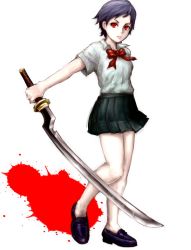 Rule 34 | 1girl, aburiinu, black footwear, black hair, black skirt, blood, blood+, blood splatter, bow, bowtie, closed mouth, commentary, furrowed brow, glowing, glowing eyes, hair strand, heel up, highres, holding, holding sword, holding weapon, katana, lips, lipstick, loafers, looking at viewer, makeup, otonashi saya, outstretched arm, pleated skirt, red bow, red bowtie, red eyes, red ribbon, ribbon, school uniform, shirt, shoes, short hair, short sleeves, simple background, skirt, solo, sword, weapon, white background, white shirt
