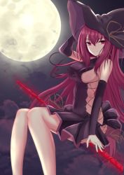 Rule 34 | 1girl, breasts, cosplay, detached sleeves, fate/grand order, fate (series), flying, full moon, gae bolg (fate), halloween costume, hat, highres, kesoshirou, large breasts, leonardo da vinci (fate), leonardo da vinci (fate) (cosplay), leonardo da vinci (witch of moonlit night) (fate), long hair, looking at viewer, moon, purple hair, scathach (fate), sideboob, sitting, smile, solo, witch hat