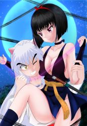 Rule 34 | 1boy, 1girl, :&gt;, animal ears, artist request, ass, bare legs, bare shoulders, black hair, blush, bob cut, breast press, breasts, choker, cleavage, clenched teeth, curvy, dress, eyeshadow, face to breasts, fangs, femdom, forced, forest, hairband, hetero, highres, inuyasha, inuyasha (character), japanese clothes, katana, large breasts, lips, lipstick, long hair, looking at another, looking to the side, makeup, medium breasts, monster boy, nail polish, nature, night, night sky, no bra, no panties, partially visible vulva, pussy, pussy peek, red eyes, revealing clothes, sakasagami no yura, shiny clothes, shiny skin, short dress, short hair, sitting, sitting on person, sky, sword, teeth, toeless legwear, trapped, very long hair, weapon, white hair, wide hips