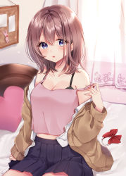 Rule 34 | 1girl, :o, bare shoulders, bed, black bra, blue eyes, blue skirt, blurry, bow, bowtie, bra, breasts, brown cardigan, brown hair, camisole, cardigan, cleavage, collarbone, commentary request, cowboy shot, curtains, depth of field, hair between eyes, highres, indoors, long hair, looking at viewer, medium breasts, midriff, nazuna shizuku, off shoulder, on bed, open cardigan, open clothes, open shirt, original, parted lips, pink shirt, pleated skirt, school uniform, shirt, sidelocks, sitting, skirt, solo, strap slip, underwear, white shirt