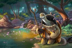 Rule 34 | animal, animal focus, artist name, bird, cane, cherry blossoms, closed eyes, commentary, english commentary, eric proctor, forest, grass, holding, holding cane, kung fu panda, lake, nature, no humans, oogway, outdoors, photoshop (medium), rock, signature, sitting, tree, turtle, water, watermark