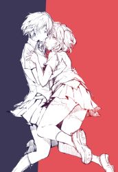 Rule 34 | 10s, 2girls, akuma no riddle, ankle socks, azuma tokaku, boots, cross-laced footwear, eye contact, hug, ichinose haru, imoko (imonatsuki), looking at another, monochrome, multiple girls, necktie, partially colored, scar, school uniform, shoes, short hair, short sleeves, short twintails, skirt, smile, socks, sweater vest, twintails, yuri