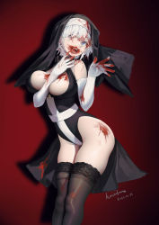 Rule 34 | 1girl, absurdres, arm between breasts, between breasts, black leotard, black thighhighs, blood, blood in hair, blood on breasts, blood on clothes, blood on face, blood on gloves, blood on leg, blue eyes, breasts, elbow gloves, feet out of frame, gloves, habit, hair over one eye, hands up, highres, koi han, large breasts, leotard, looking at viewer, nun, open mouth, original, red background, short hair, simple background, solo, standing, teeth, thighhighs, vampire, white gloves, white hair