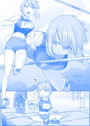 Rule 34 | 1boy, 1girl, ?, blue theme, breasts, cleavage, clipboard, coach, commentary request, facepalm, frown, getsuyoubi no tawawa, gimai-chan (tawawa), highres, himura kiseki, jumping, large breasts, midriff, open mouth, pole vault, shoes, short hair, shorts, sneakers, sweat
