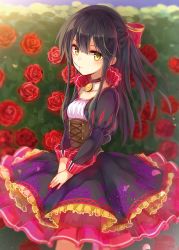 Rule 34 | 1girl, black hair, brooch, choker, collarbone, expressionless, floral print, flower, frilled skirt, frills, hair in own mouth, hair ribbon, half updo, hands on lap, jewelry, juliet sleeves, layered skirt, long hair, long sleeves, looking at viewer, midori miyako, nail polish, original, own hands together, petals, puffy sleeves, red flower, red nails, red rose, ribbon, rose, rose bush, rose print, skirt, solo, underbust, yellow eyes