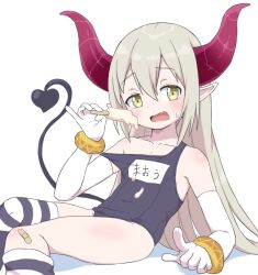 Rule 34 | 1girl, bandaid, bandaid on knee, bandaid on leg, black one-piece swimsuit, bracelet, bubukka, demon girl, demon horns, demon tail, elbow gloves, emma august, fang, food, gloves, grey hair, hair between eyes, holding, horns, jewelry, long hair, looking at viewer, nijisanji, old school swimsuit, one-piece swimsuit, open mouth, popsicle, school swimsuit, simple background, skin fang, solo, striped, swimsuit, tail, thighs, virtual youtuber, white background, white gloves, yellow eyes