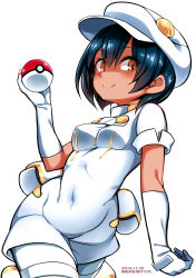 Rule 34 | 1girl, 2016, aether foundation employee, aether foundation employee (female), black hair, blush, breasts, brown eyes, cabbie hat, covered erect nipples, covered navel, cowboy shot, creatures (company), dark-skinned female, dark skin, dated, game freak, gloves, hair between eyes, hat, highres, holding, holding poke ball, holster, looking at viewer, medium breasts, nintendo, npc trainer, pantyhose, poke ball, poke ball (basic), pokemon, pokemon sm, richou (zerozero1101), shaded face, short hair, short jumpsuit, short sleeves, simple background, skin tight, small breasts, smile, solo, thigh holster, twitter username, uniform, unitard, white background, white gloves, white hat, white pantyhose
