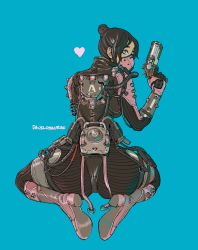 Rule 34 | 1girl, apex legends, artist name, ass, black bodysuit, black hair, blue background, bodysuit, boots, cable, dauslosaurus, from behind, grey eyes, gun, hair bun, handgun, heart, high heel boots, high heels, highres, holding, holding gun, holding weapon, looking at viewer, looking back, mask, mouth mask, official alternate costume, pink footwear, revolver, simple background, single hair bun, solo, void specialist wraith, weapon, wraith (apex legends)