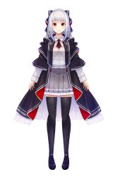 Rule 34 | 1girl, black footwear, black jacket, black thighhighs, breasts, closed mouth, collared shirt, commentary request, cucchiore, full body, grey skirt, highres, jacket, long hair, long sleeves, looking at viewer, open clothes, open jacket, original, pleated skirt, red eyes, shirt, shoes, silver hair, simple background, skirt, small breasts, smile, solo, standing, thighhighs, white background, white shirt