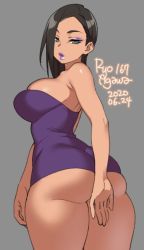 Rule 34 | 1girl, 2020, agawa ryou, ass, bare shoulders, black hair, breasts, commentary, dated, dress, eyebrows, eyeshadow, from behind, green eyes, grey background, large breasts, lips, lipstick, long hair, looking at viewer, looking back, makeup, original, parted lips, purple dress, simple background, skindentation, solo, thick thighs, thighs