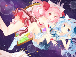 Rule 34 | 2girls, :&lt;, :d, absurdres, aqua hair, bad id, bad pixiv id, blue eyes, bow, fang, hair ornament, hat, highres, jimmy madomagi, long hair, multiple girls, open mouth, original, pink hair, red eyes, sky, smile, star (sky), starry sky, swimsuit, twintails, wrist cuffs