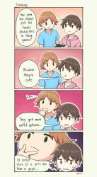 Rule 34 | 2boys, 4koma, black eyes, blue shirt, brown hair, closed mouth, collarbone, comic, commentary, controller, drawstring, emoji, english text, hair between eyes, hand on own chin, hand up, highres, holding, holding controller, hood, hood down, hoodie, jitome, lgbt pride, looking at another, looking away, looking up, multiple boys, original, outline, parted bangs, pas (paxiti), pink hoodie, raised eyebrow, shirt, short sleeves, speech bubble, stroking own chin, sweat, sweatdrop, symbol-only commentary, talking, thinking, thinking emoji, twitter username, wavy mouth, white outline, white shirt