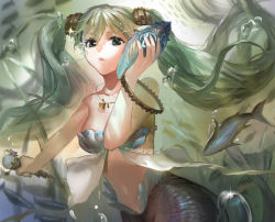 Rule 34 | 1girl, air bubble, aqua eyes, bangle, bracelet, breasts, bubble, cowboy shot, daible, fish, floating hair, green hair, hair tubes, hatsune miku, highres, holding, holding microphone, jewelry, long hair, looking at viewer, mermaid, microphone, monster girl, navel, necklace, ocean, parted lips, pendant, scales, seashell, shell, shell bikini, shell to ear, shinkai shoujo (vocaloid), solo, sparkle, tuna, twintails, underwater, vocaloid