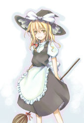 Rule 34 | 1girl, blonde hair, broom, dress, female focus, hat, hirono, kirisame marisa, solo, touhou, white background, witch, witch hat, yellow eyes